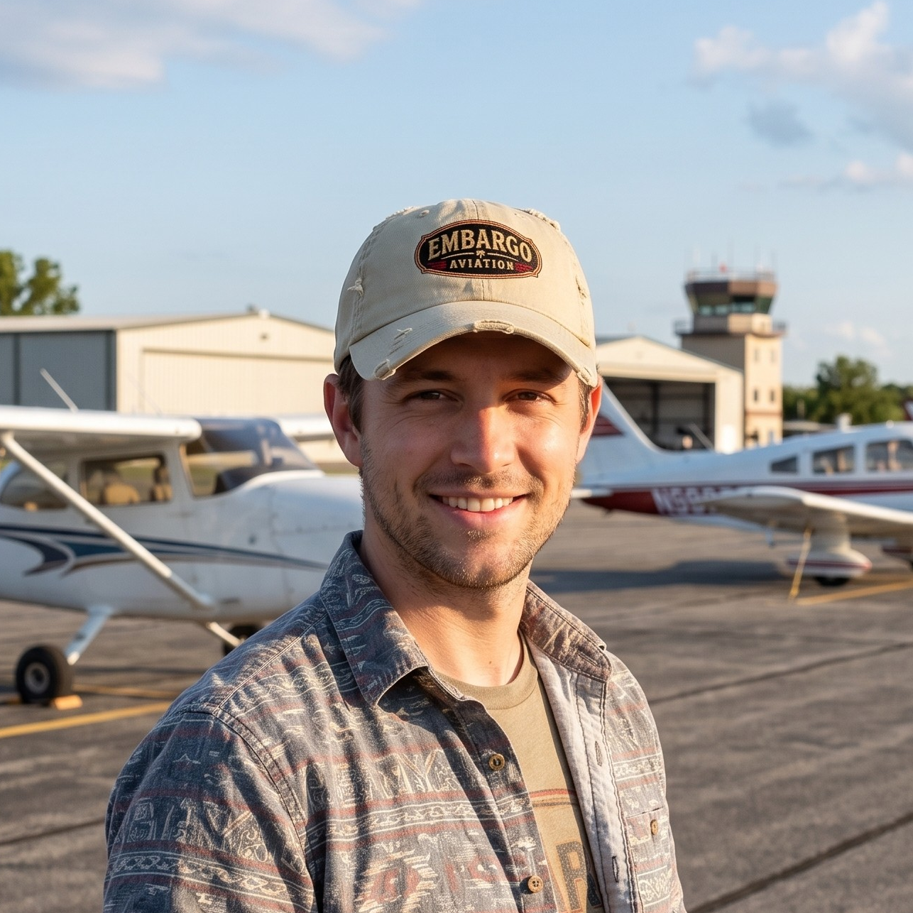 Man wearing and Embargo Aviation hat standing on an airport tarmac with airplanes in the background