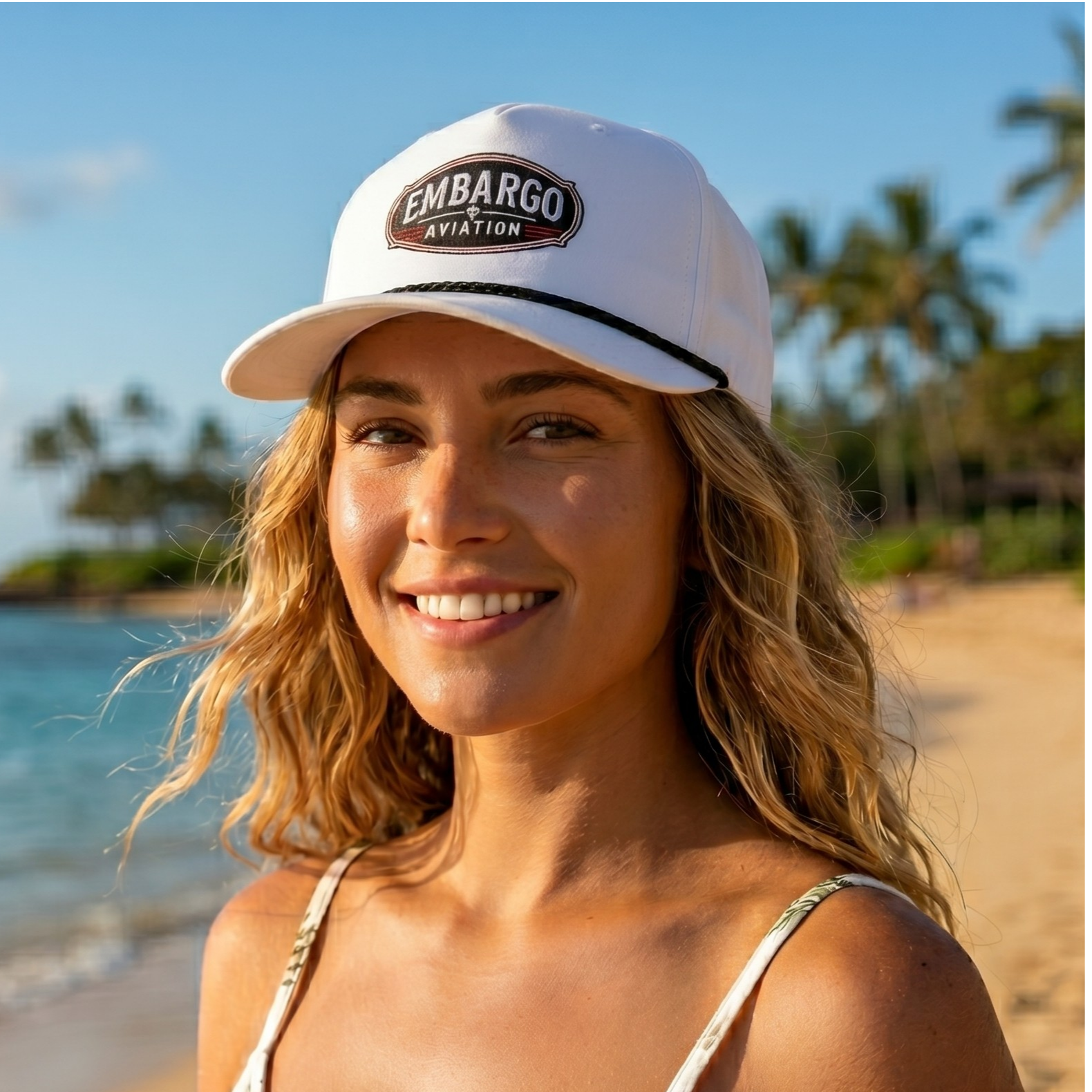 Woman wearing a white cap with 'Embargo Aviation' logo on a beach