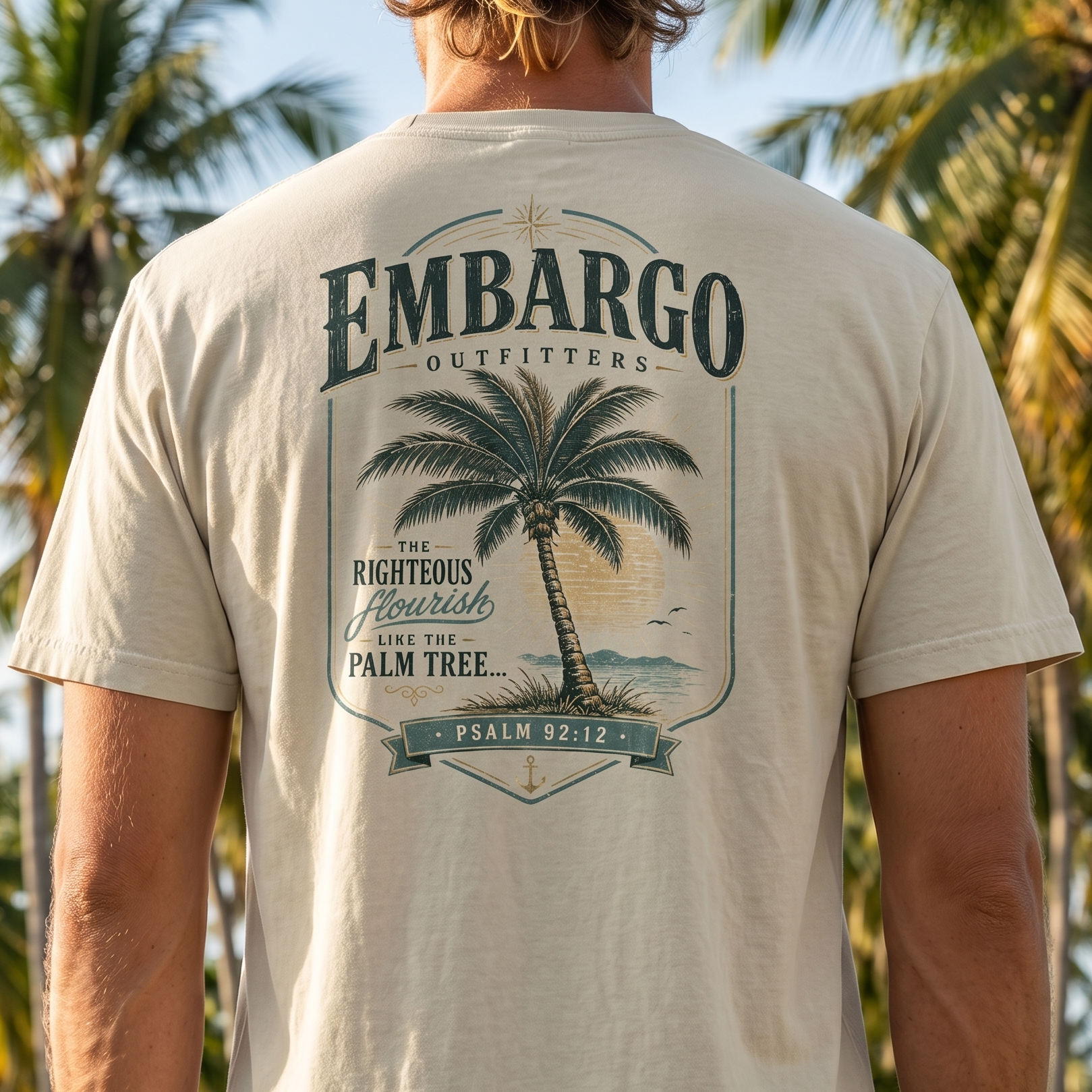 Person wearing a beige t-shirt with a palm tree design and 'Embargo Outfitters' text, standing in front of palm trees.