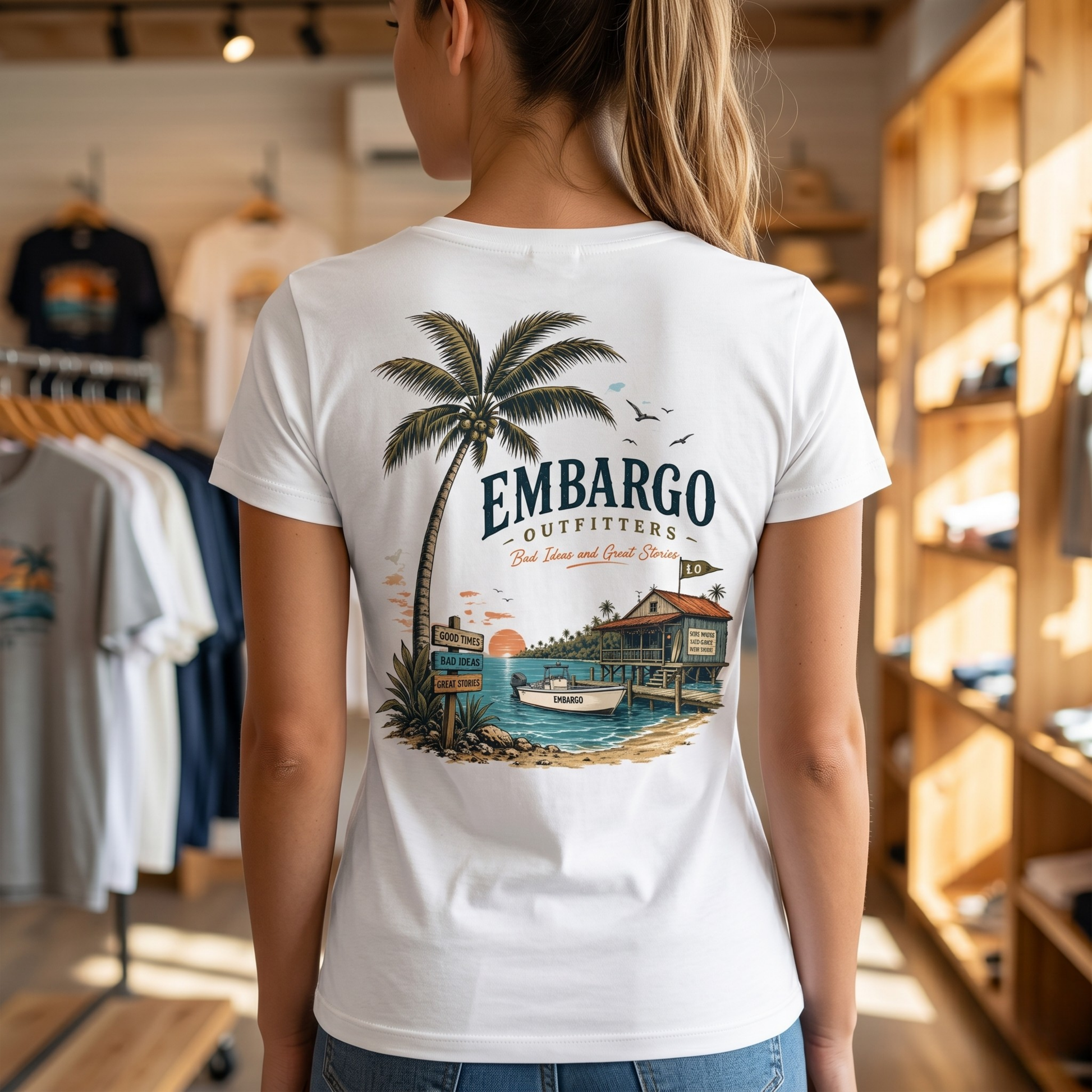 Person wearing a white t-shirt with a tropical design and 'Embargo Outfitters' text in a store setting.